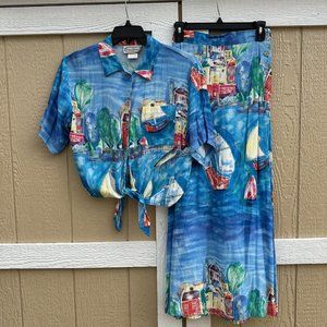 Vintage St. Germain Paris Blue 2pc Blouse & Skirt Set Size XS Travel Cruise Boat